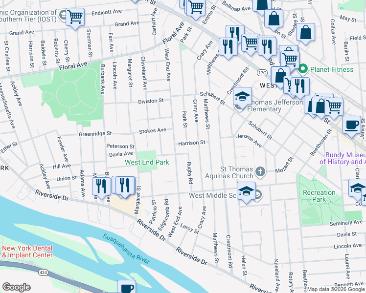 map of restaurants, bars, coffee shops, grocery stores, and more near 2 Park Street in Binghamton