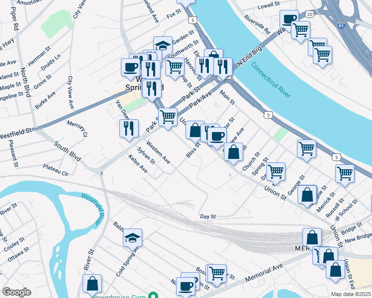 map of restaurants, bars, coffee shops, grocery stores, and more near 61 Progress Ave in West Springfield
