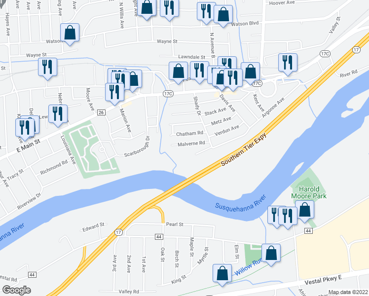 map of restaurants, bars, coffee shops, grocery stores, and more near 3119 Malverne Road in Endicott