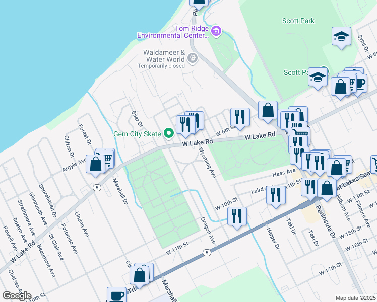 map of restaurants, bars, coffee shops, grocery stores, and more near 3121 West Lake Road in Erie