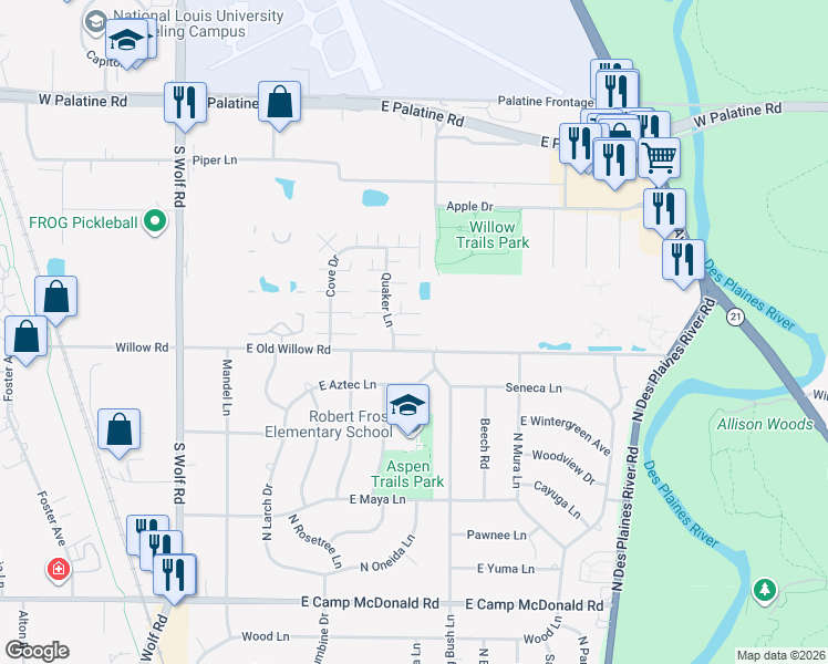 map of restaurants, bars, coffee shops, grocery stores, and more near 1489 Quaker Lane in Prospect Heights