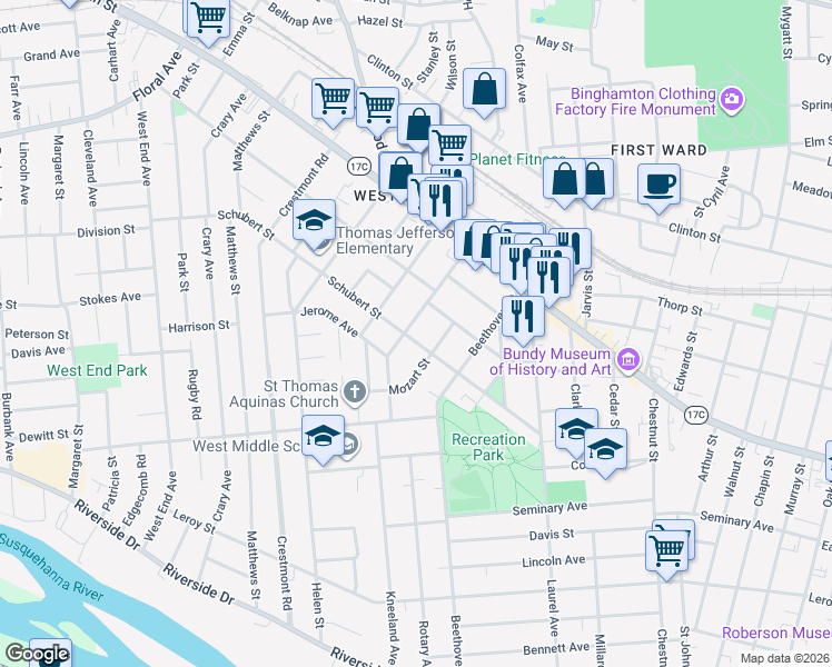map of restaurants, bars, coffee shops, grocery stores, and more near 29 Schiller Street in Binghamton
