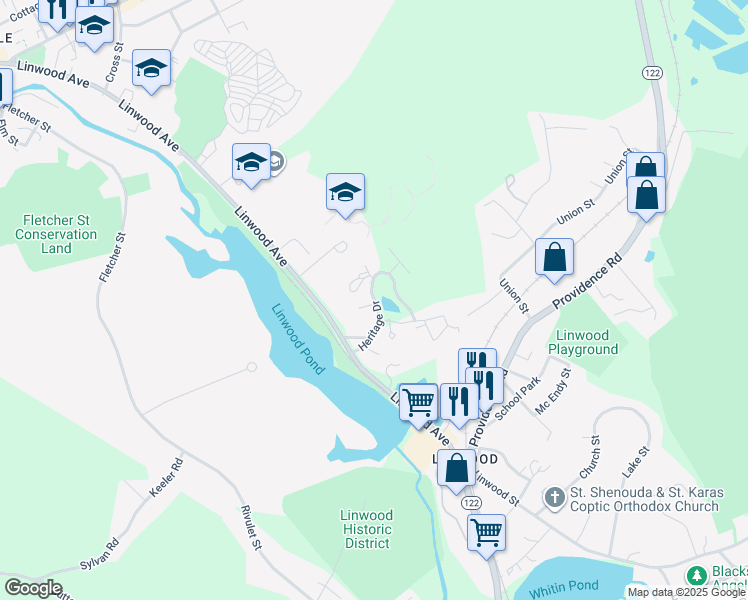 map of restaurants, bars, coffee shops, grocery stores, and more near 36 Heritage Drive in Northbridge