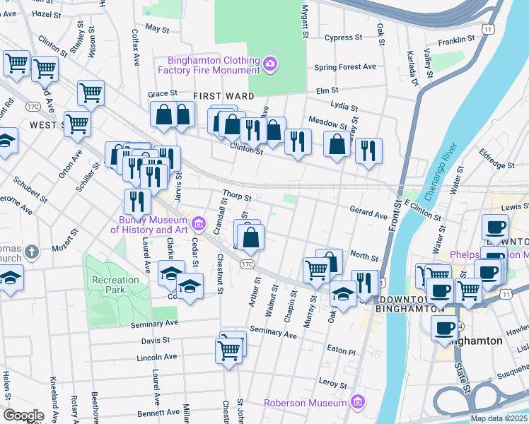 map of restaurants, bars, coffee shops, grocery stores, and more near 25 Mather Street in Binghamton