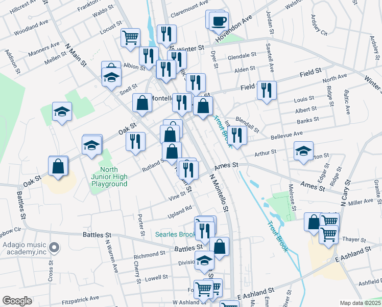 map of restaurants, bars, coffee shops, grocery stores, and more near 759 North Montello Street in Brockton