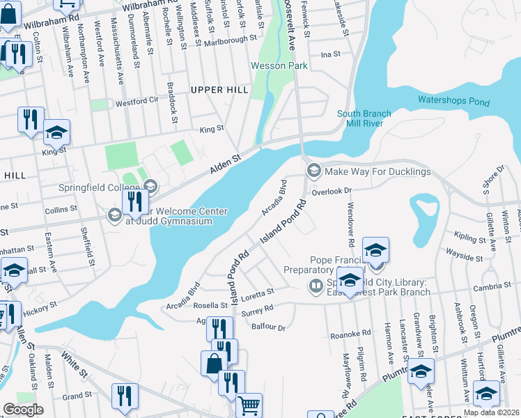 map of restaurants, bars, coffee shops, grocery stores, and more near 264 Arcadia Boulevard in Springfield