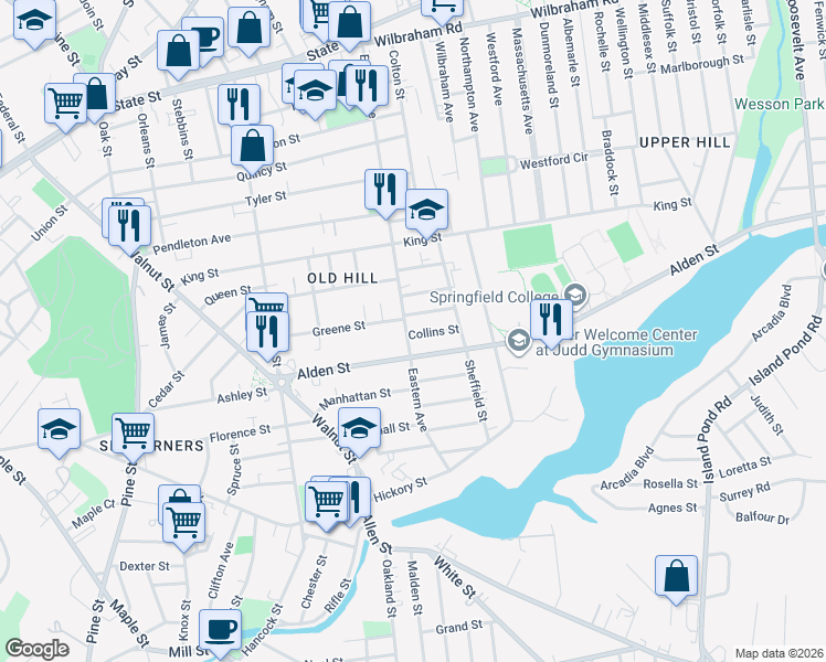 map of restaurants, bars, coffee shops, grocery stores, and more near 254-256 Eastern Avenue in Springfield