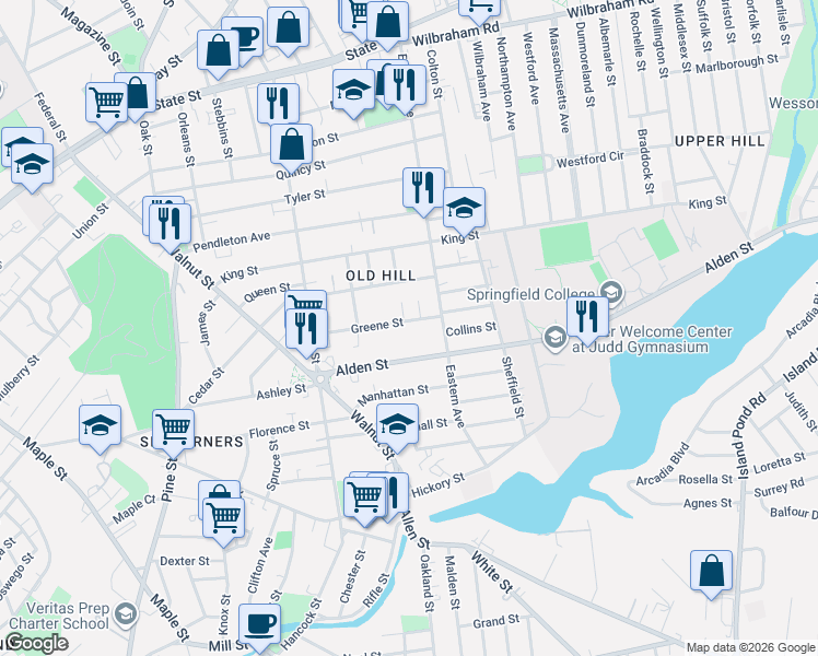 map of restaurants, bars, coffee shops, grocery stores, and more near 20 Monson Avenue in Springfield