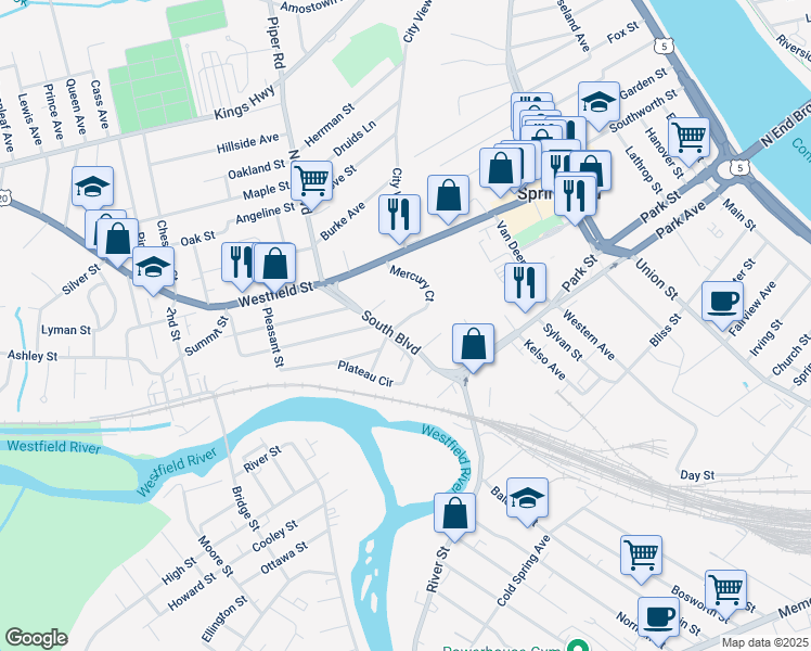 map of restaurants, bars, coffee shops, grocery stores, and more near 31 Mercury Court in West Springfield