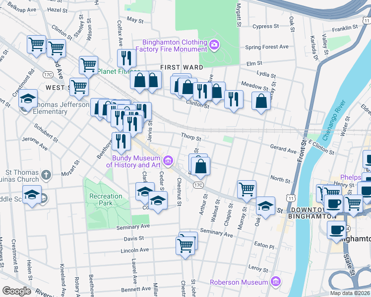 map of restaurants, bars, coffee shops, grocery stores, and more near 17 Crandall Street in Binghamton