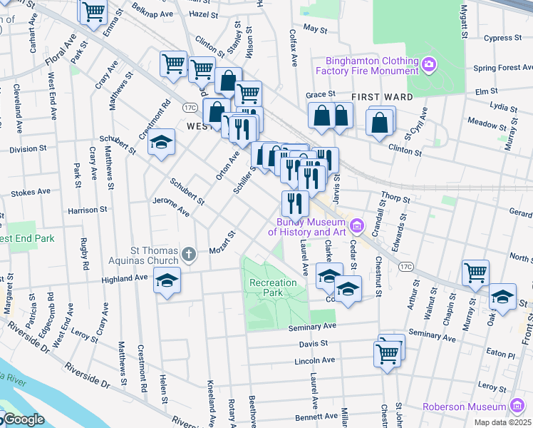 map of restaurants, bars, coffee shops, grocery stores, and more near 143 1/2 Beethoven Street in Binghamton