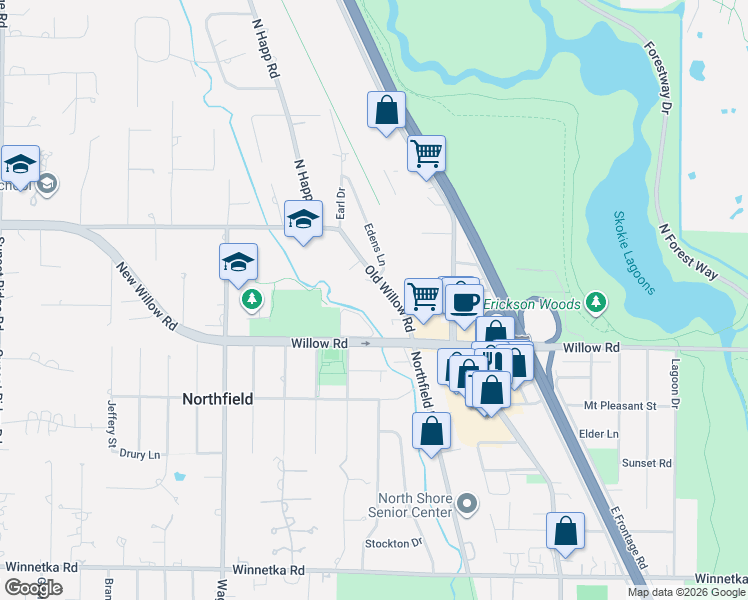 map of restaurants, bars, coffee shops, grocery stores, and more near 1885 Old Willow Road in Northfield