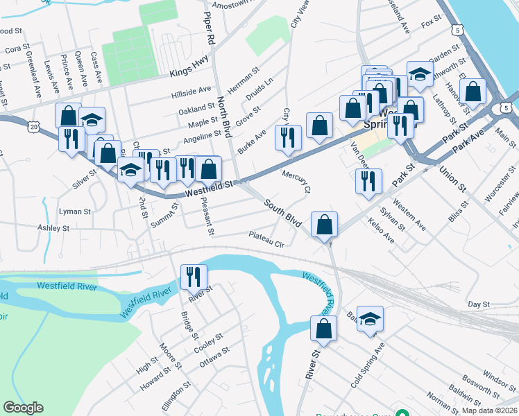 map of restaurants, bars, coffee shops, grocery stores, and more near 3 High Street in West Springfield