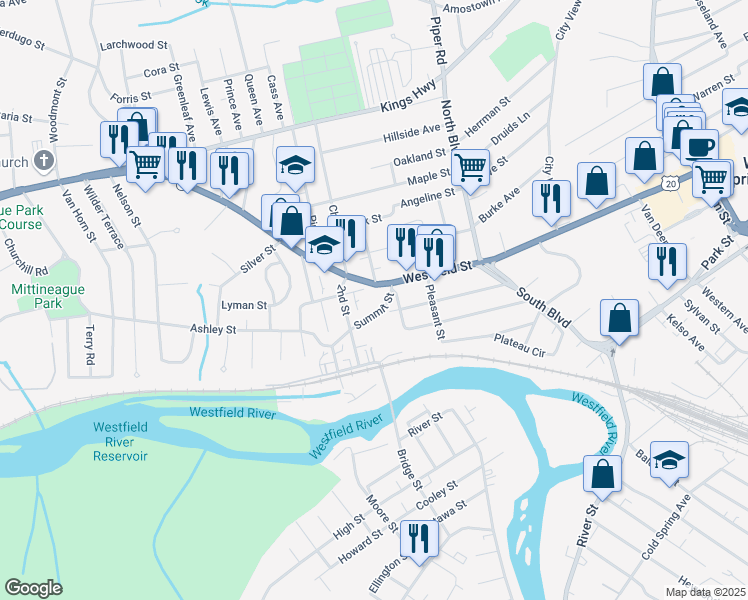 map of restaurants, bars, coffee shops, grocery stores, and more near 7 Upper Church St in West Springfield