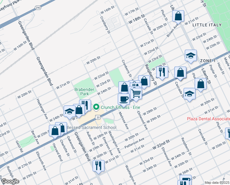 map of restaurants, bars, coffee shops, grocery stores, and more near 1308 West 24th Street in Erie