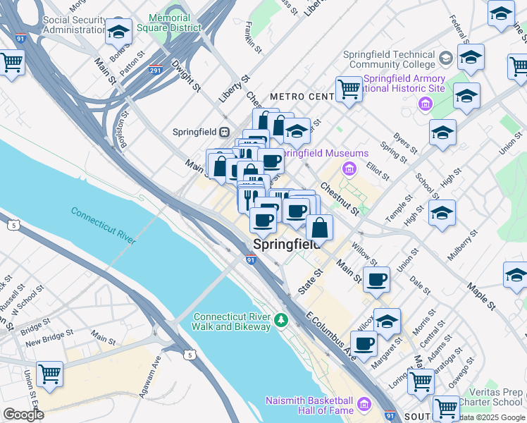 map of restaurants, bars, coffee shops, grocery stores, and more near 1500 Main Street in Springfield