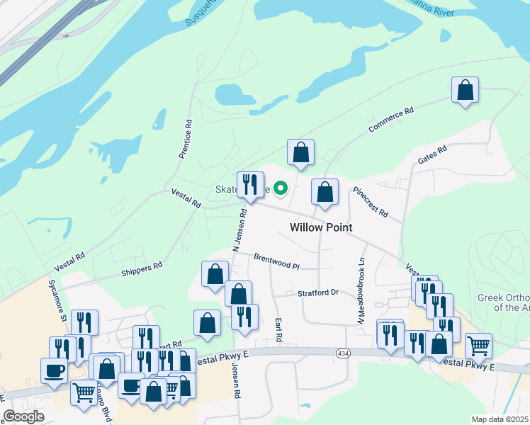 map of restaurants, bars, coffee shops, grocery stores, and more near 3360 Old Vestal Road in Vestal