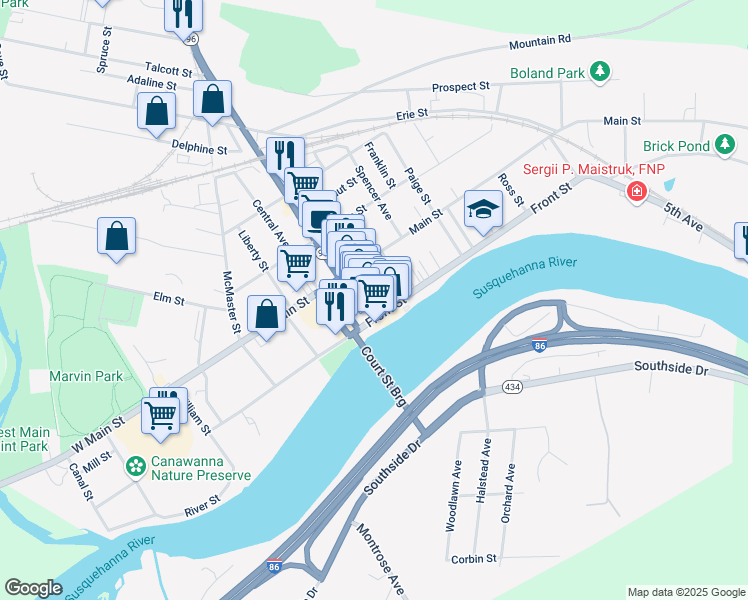 map of restaurants, bars, coffee shops, grocery stores, and more near 6 Lake Street in Owego