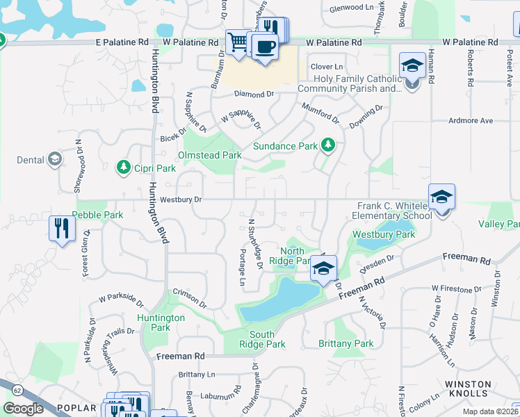 map of restaurants, bars, coffee shops, grocery stores, and more near 1400 Westbury Drive in Hoffman Estates