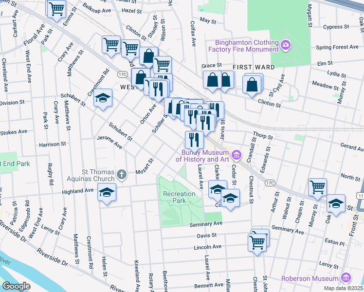 map of restaurants, bars, coffee shops, grocery stores, and more near 138 Beethoven Street in Binghamton