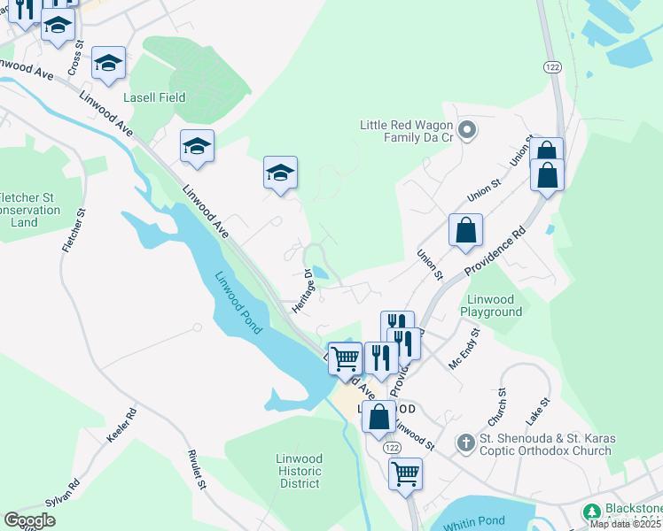 map of restaurants, bars, coffee shops, grocery stores, and more near 111 Heritage Drive in Northbridge