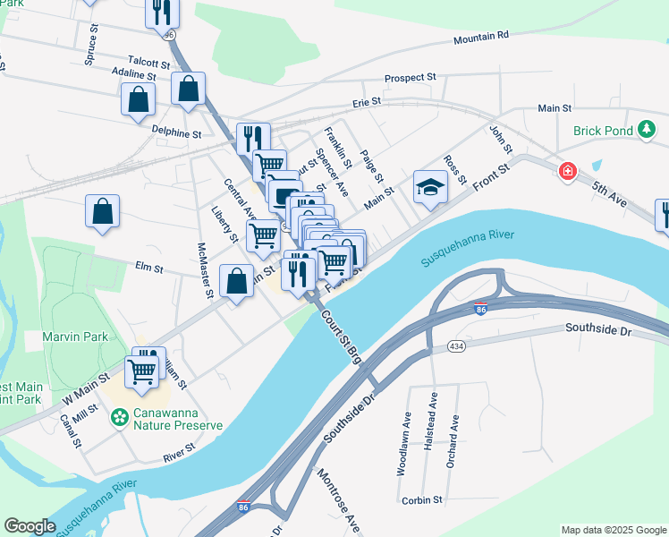 map of restaurants, bars, coffee shops, grocery stores, and more near 6 Lake Street in Owego