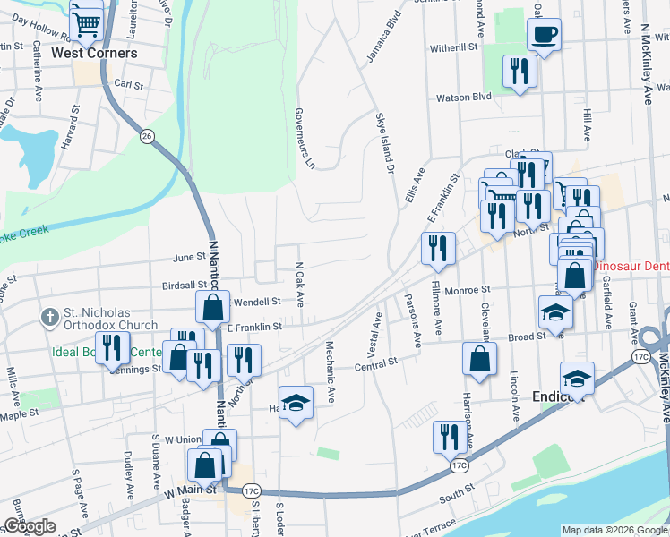 map of restaurants, bars, coffee shops, grocery stores, and more near 414 Groats Street in Endicott
