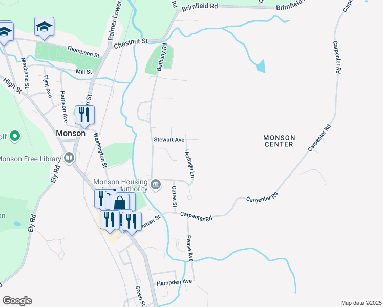map of restaurants, bars, coffee shops, grocery stores, and more near 17 Stewart Avenue in Monson