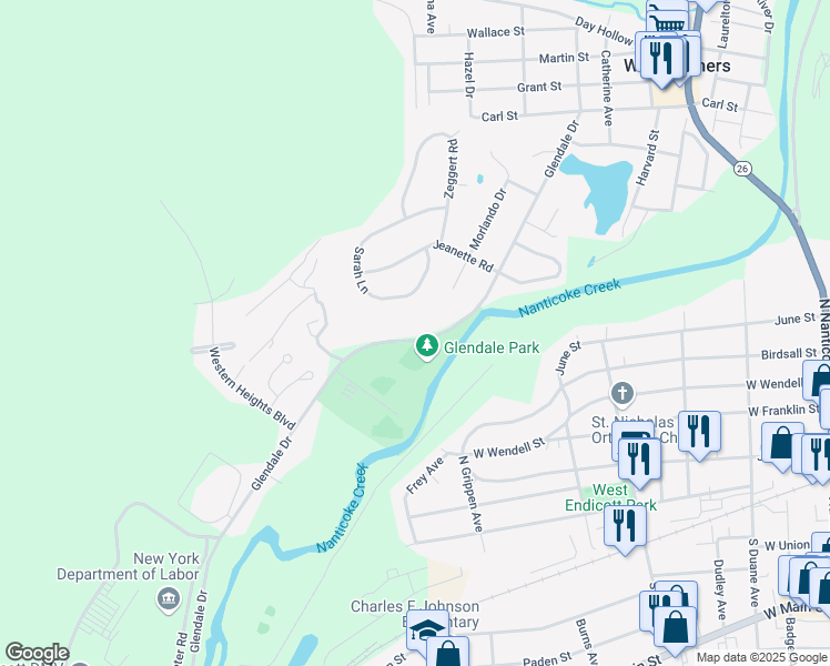 map of restaurants, bars, coffee shops, grocery stores, and more near 469 Glendale Drive in Endicott