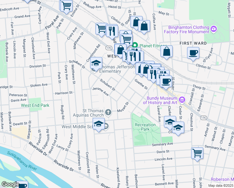 map of restaurants, bars, coffee shops, grocery stores, and more near 65 Schubert Street in Binghamton