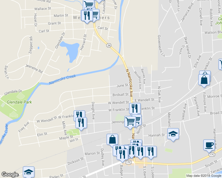 map of restaurants, bars, coffee shops, grocery stores, and more near 130 June Street in Endicott