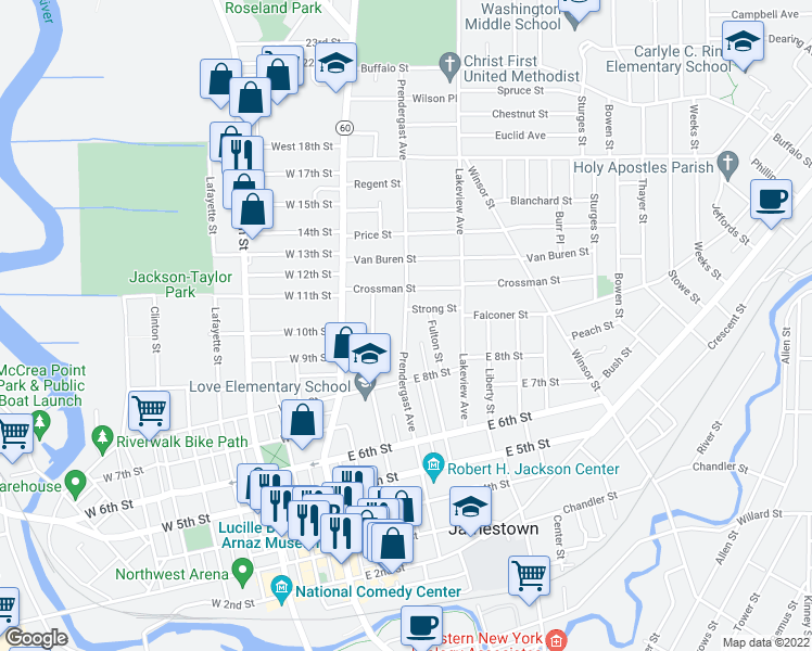 map of restaurants, bars, coffee shops, grocery stores, and more near 3 Strong Street in Jamestown