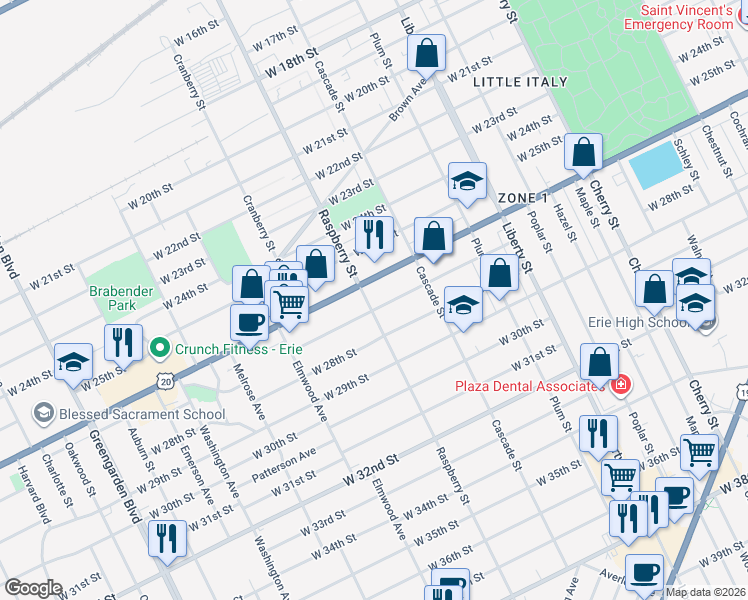 map of restaurants, bars, coffee shops, grocery stores, and more near 1037 Highway 20 in Erie