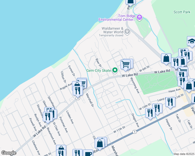 map of restaurants, bars, coffee shops, grocery stores, and more near 3302 West Lake Road in Erie