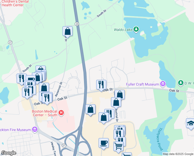map of restaurants, bars, coffee shops, grocery stores, and more near 685 Oak Street in Brockton