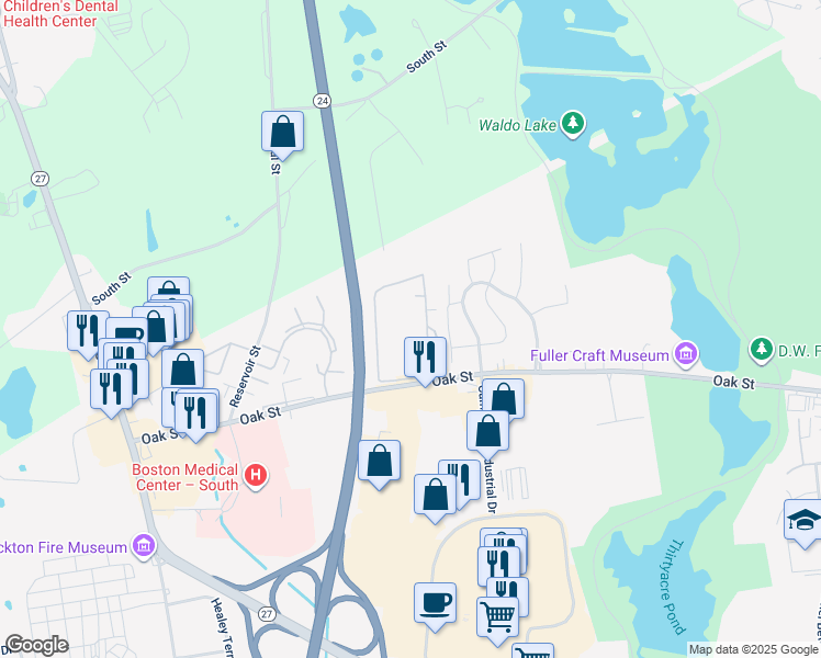 map of restaurants, bars, coffee shops, grocery stores, and more near 685 Oak Street in Brockton