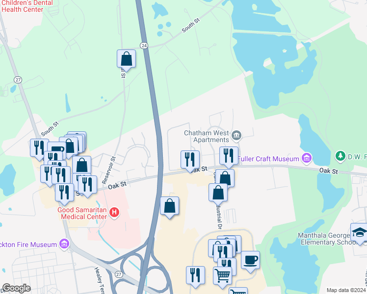 map of restaurants, bars, coffee shops, grocery stores, and more near 685 Oak Street in Brockton