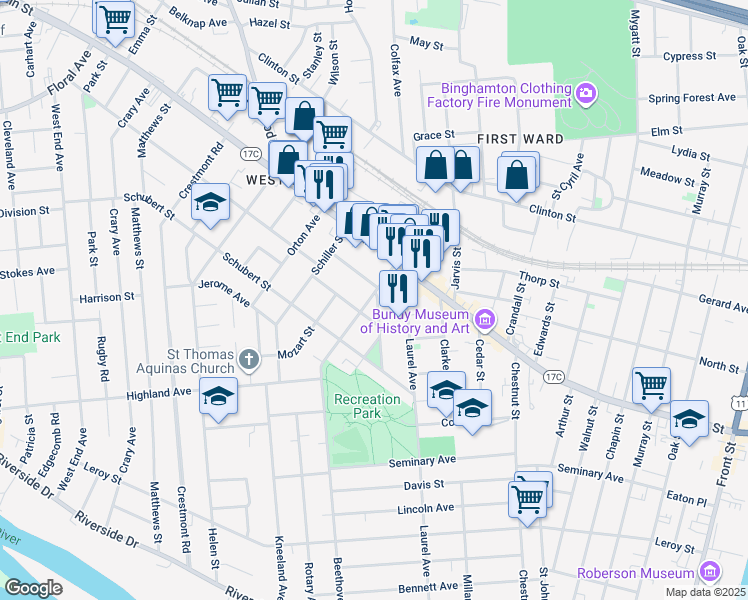 map of restaurants, bars, coffee shops, grocery stores, and more near 143 1/2 Beethoven Street in Binghamton