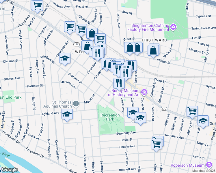map of restaurants, bars, coffee shops, grocery stores, and more near 143 1/2 Beethoven Street in Binghamton