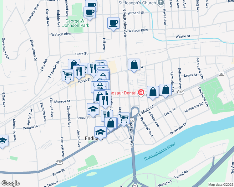 map of restaurants, bars, coffee shops, grocery stores, and more near 21 Grant Avenue in Endicott