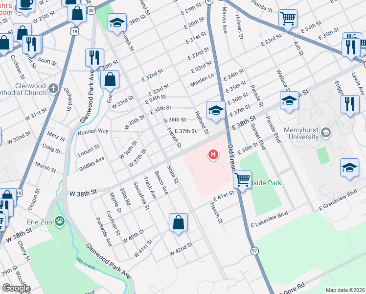 map of restaurants, bars, coffee shops, grocery stores, and more near 3727 French Street in Erie