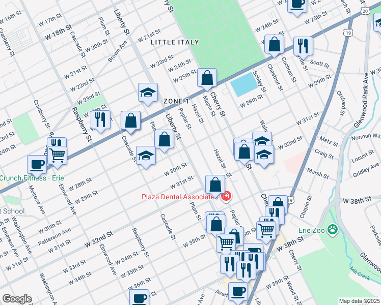map of restaurants, bars, coffee shops, grocery stores, and more near 2902 Poplar Street in Erie