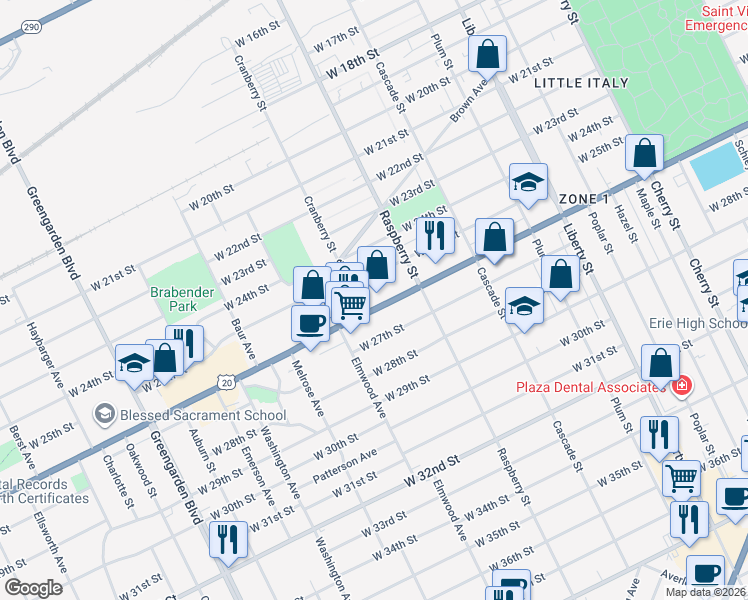 map of restaurants, bars, coffee shops, grocery stores, and more near 1133 West 25th Street in Erie