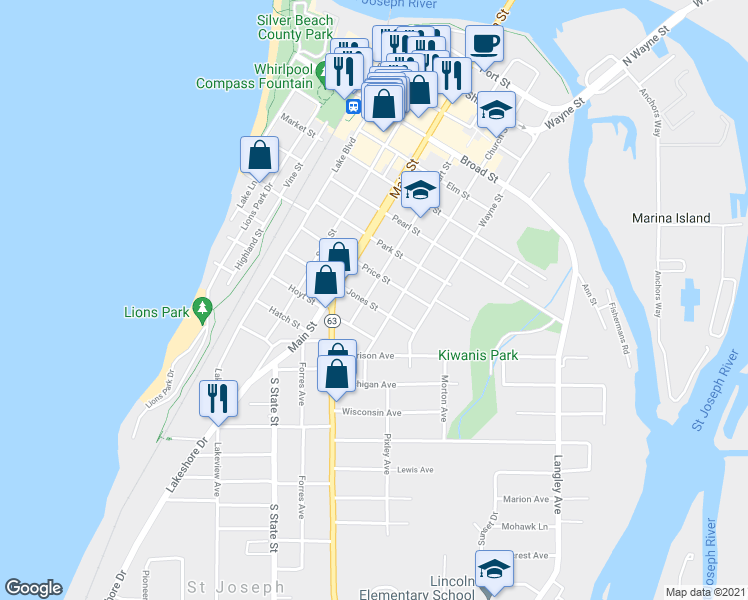 map of restaurants, bars, coffee shops, grocery stores, and more near 914 Court Street in St. Joseph