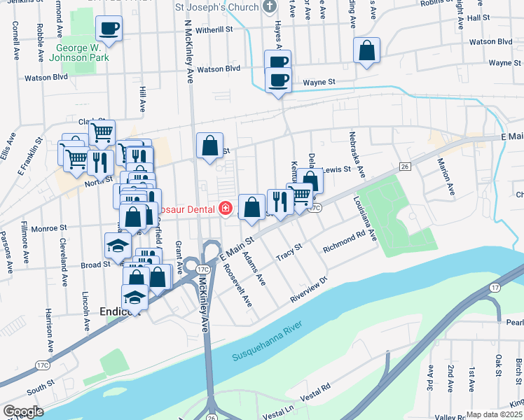 map of restaurants, bars, coffee shops, grocery stores, and more near 1901 Monroe Street in Endicott