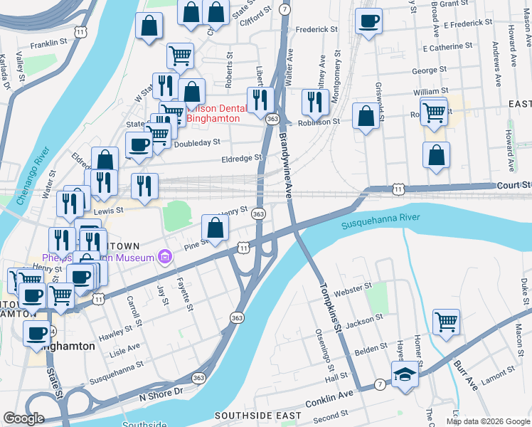 map of restaurants, bars, coffee shops, grocery stores, and more near North Shore Drive in Binghamton