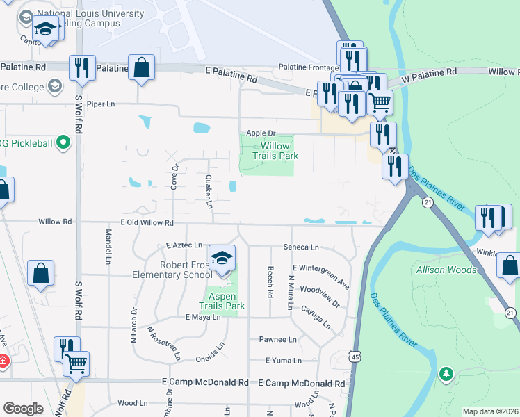 map of restaurants, bars, coffee shops, grocery stores, and more near 806 East Old Willow Road in Prospect Heights