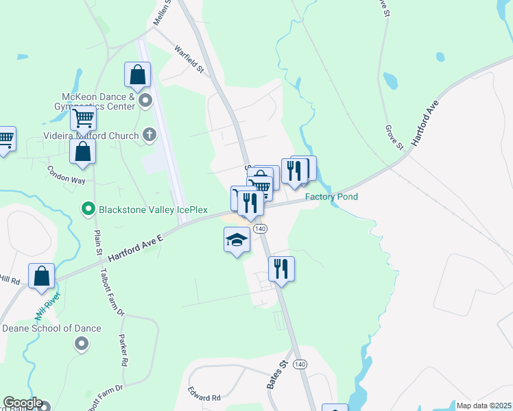 map of restaurants, bars, coffee shops, grocery stores, and more near 446 South Main Street in Hopedale