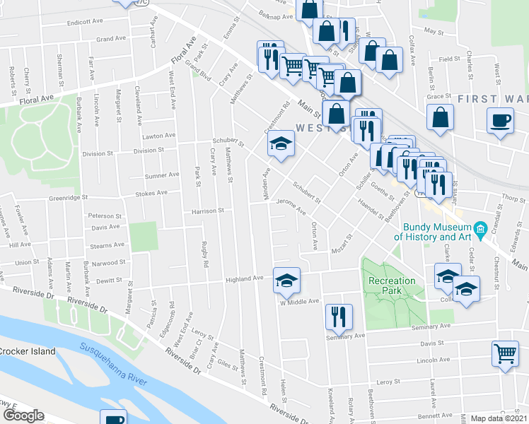map of restaurants, bars, coffee shops, grocery stores, and more near 129 Helen Street in Binghamton
