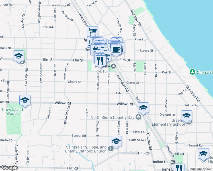 map of restaurants, bars, coffee shops, grocery stores, and more near 436 Linden Street in Winnetka